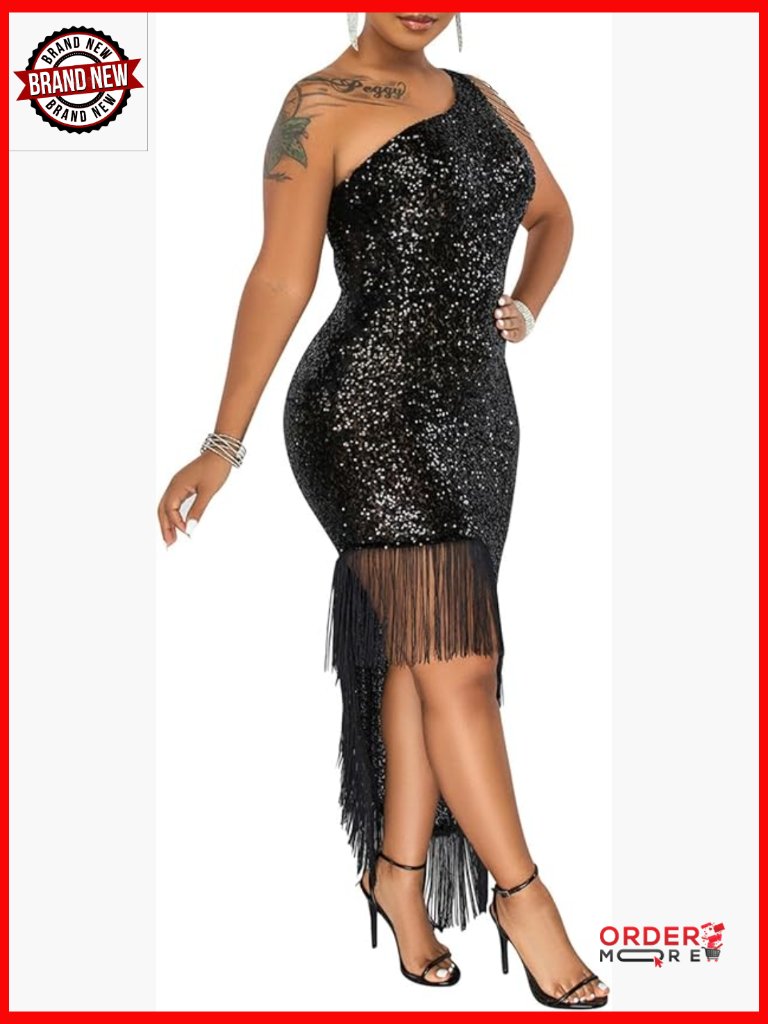 Sequin Tassel One Shoulder Mermaid Bodycon Midi Cocktail Evening Party Dress